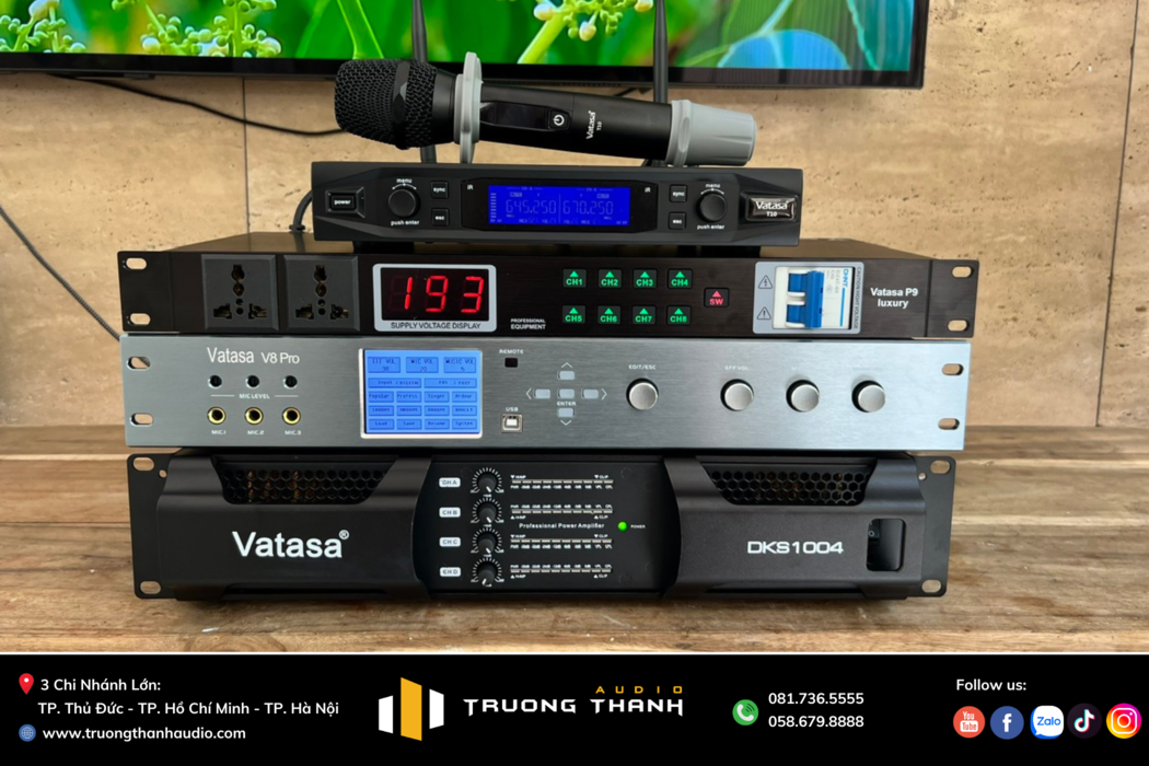 Mặt trước Micro, quản lý nguồn, vang số và cục đẩy công suất của Dàn karaoke DT TT328