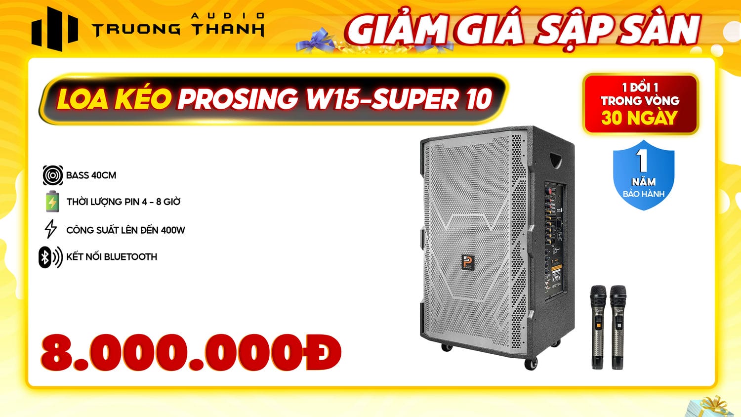Ảnh nổi bật của sản phẩm Loa kéo Prosing W15-Super 10 (Bass 40cm, 400W, Bluetooth 5.0) 2